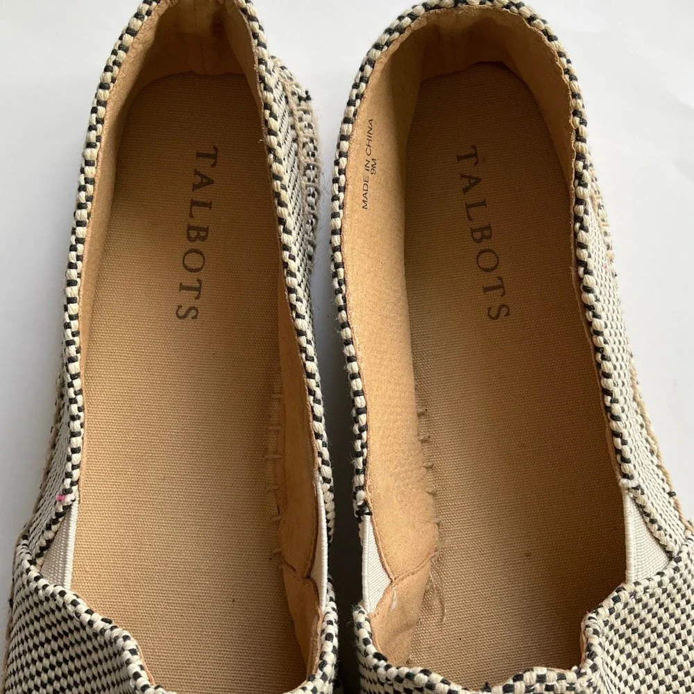 Talbots Black White Woven Espadrille Flats Shoes Sz 9M Slip On Jute Gingham NWOT